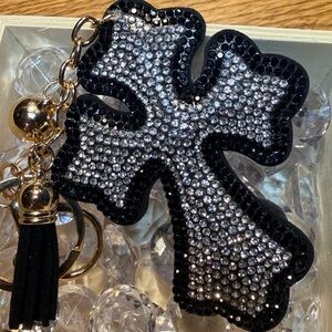 Elegant Black and Silver Rhinestone Cross Key Chain/ Bag Charm